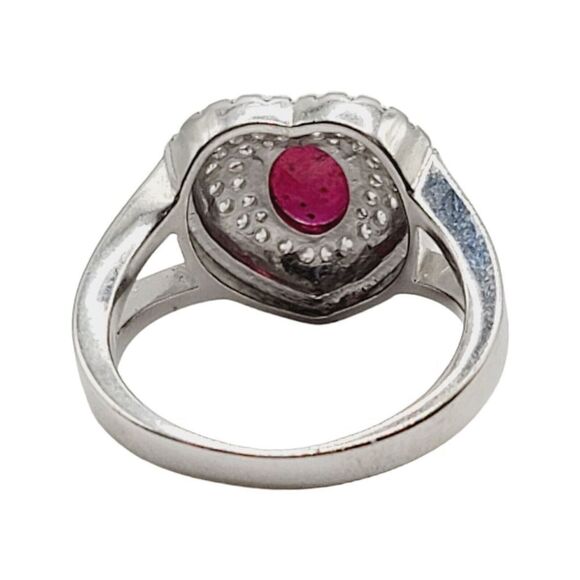 925 Sterling Silver Rhodium Plated Genuine Ruby Clear CZ Heart Shaped Ring - Picture 2 of 9